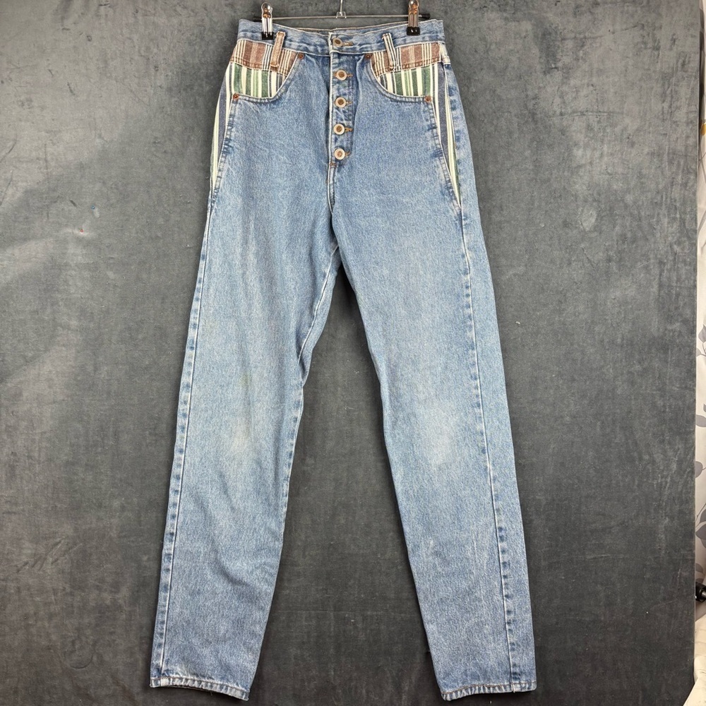 LEI Women's VERY 80s/90s High Rise Blue Jeans with Multicolor Stripes